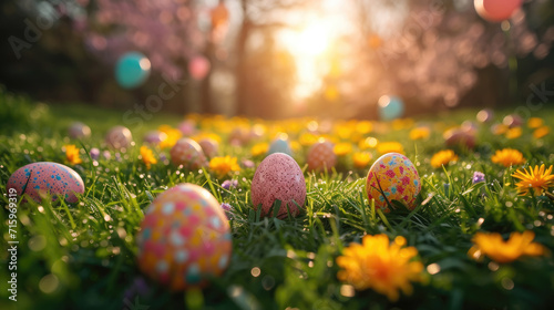 Multicolored Eggs Amidst the New Spring Growth, Festive Easter Ornaments
