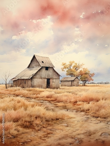 Historic American Barns Watercolor Landscape: Soft Toned Barns & Pastel Landscape