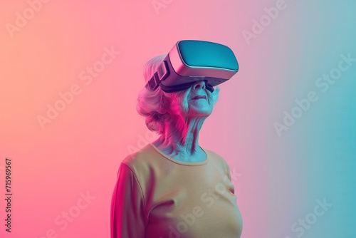 elderly lady with a modern metallic VR headset on a pastel pink background