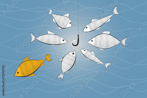 concept of deception, manipulation, falling for scammers. Abstract society, ordinary, vision be different, unique personality or standing out from the crowd, leadership quality. fish and hook