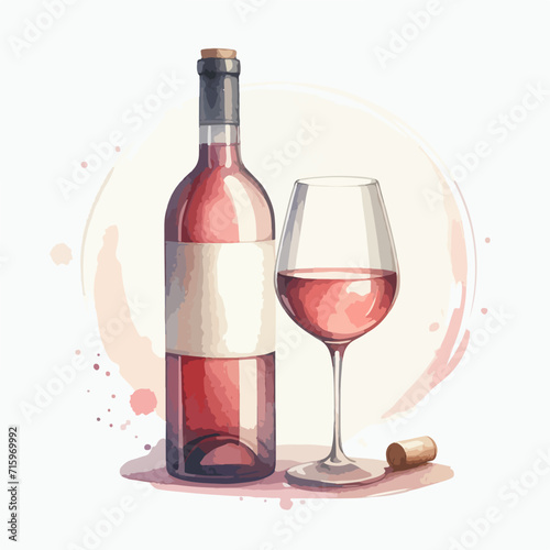 watercolor bottle and glass of red wine