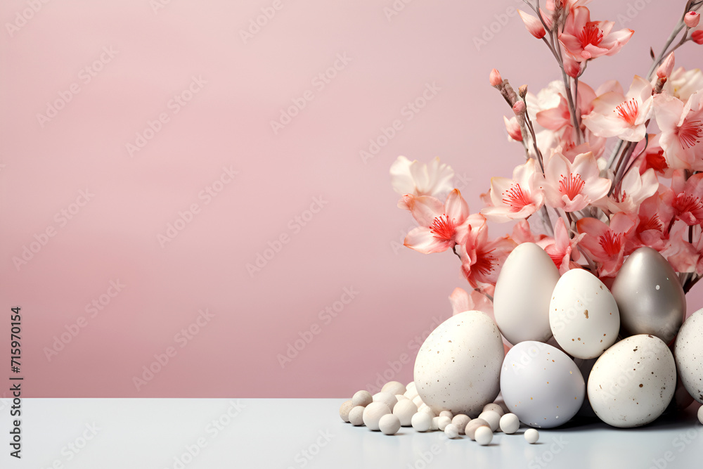 Easter concept with colorful eggs of delicate colors and flowers in a minimalist style with copy space. Postcard on a pink background.