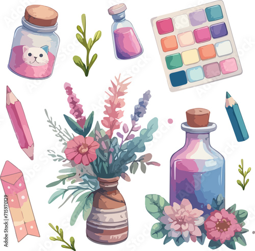 set of cosmetic bottles and flowers 