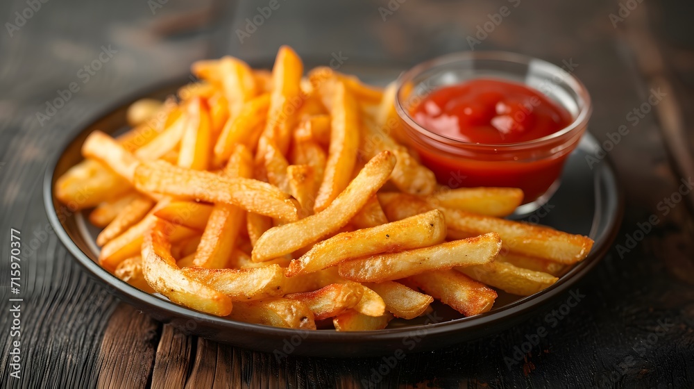 french fries and ketchup, a plate of french fries with ketchup and a glass of ketchup on the side of the plate