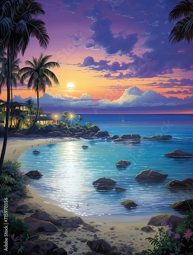 Luminous City Nights  Night Beach Scenic Vista on an Island Artwork