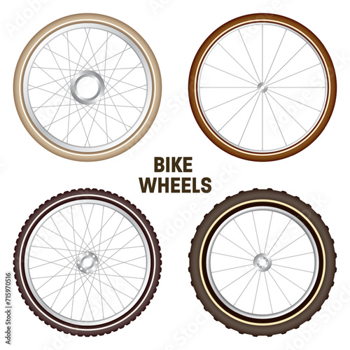 Realistic 3d retro bicycle wheels. Vintage bike rubber tyres, shiny metal spokes and rims. Fitness cycle, touring, sport, road and mountain bike. Vector illustration