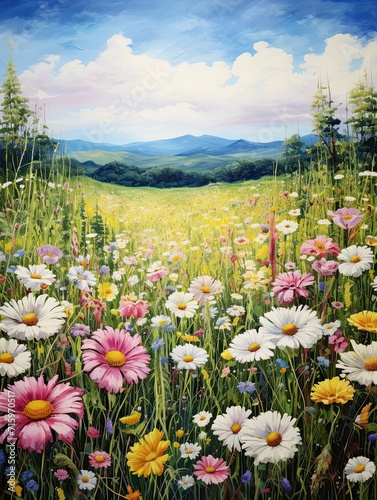 Lush Meadow Blossoms: A Burst of Wildflower Vistas in this Majestic Painting