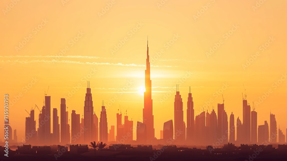 City Dubai skyline. UAE Urban cityscape. United Arab Emirates skyscraper buildings silhouette  - obrazy, fototapety, plakaty 