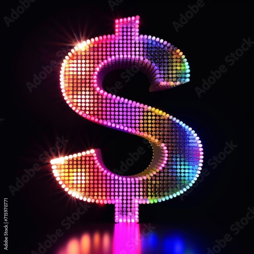 Colorful LED Dollar Sign isolated on Black Background. Photorealistic Buck Sign on Black backdrop. Square Illustration. Ai Generated Finance and Currency 3D Symbol.