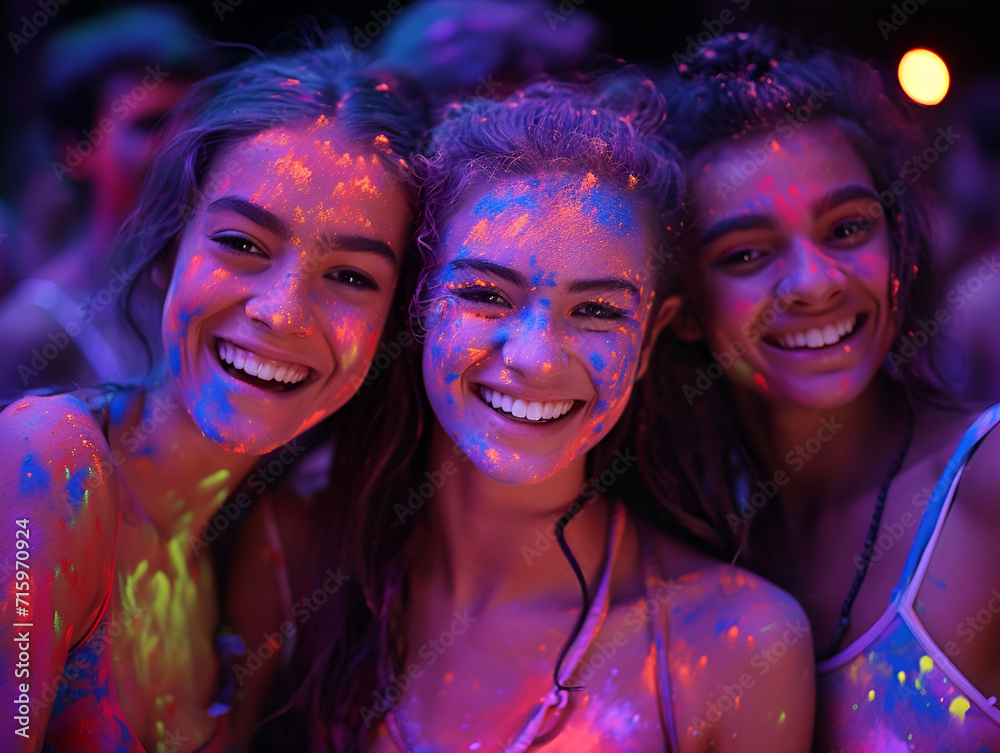 Three Friends Covered in Neon Paint Enjoying a Music Festival at Night