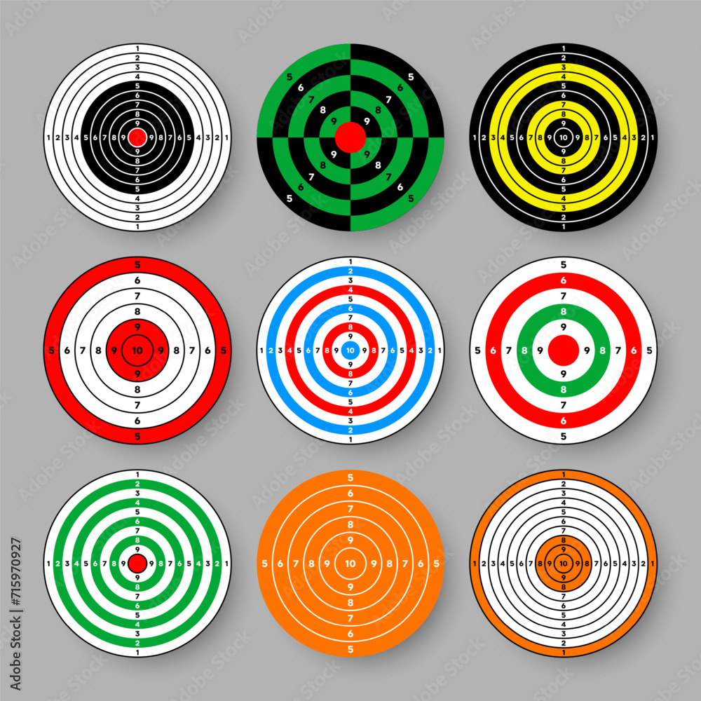 Shooting range paper targets. Round target with divisions, marks and numbers. Archery, gun shooting practise and training, sport competition and hunting. Bullseye and aim. Vector illustration Shooting range paper targets. Round target with divisions, marks and numbers. Archery, gun shooting practise and training, sport competition and hunting. Bullseye and aim. Vector illustration