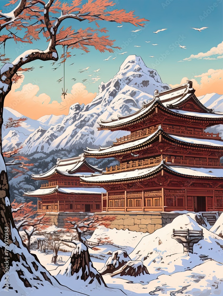 Asian Winter Temples: Majestic Snow-capped Mountain Print