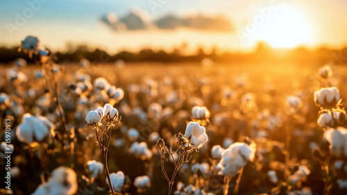 cotton field at sunset with golden light