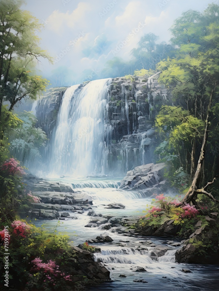 Handmade Painting: Majestic Waterfall Cascades With Textured Flows and Natural Beauty Handmade Painting: Majestic Waterfall Cascades With Textured Flows and Natural Beauty