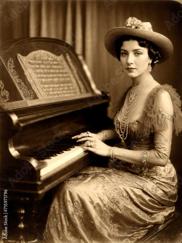 Vintage Calotype Portrait Photography of a lady playing piano photo