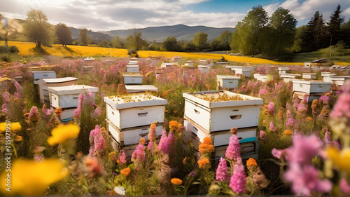 A scene of a bee farm  with neatly arranged beehives surrounded by vibrant wildflowers - AI