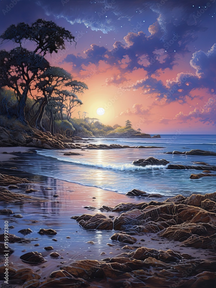 Naklejka premium Moonlit Tidal Shores: Golden Hour Art of Twilight-Meeting Moonlit Shores