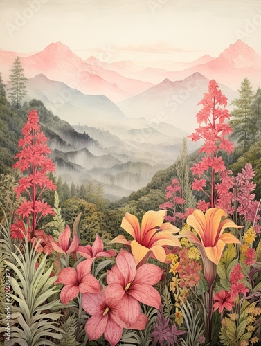 Vintage Wildflowers: Misty Mountain Peaks Art Print