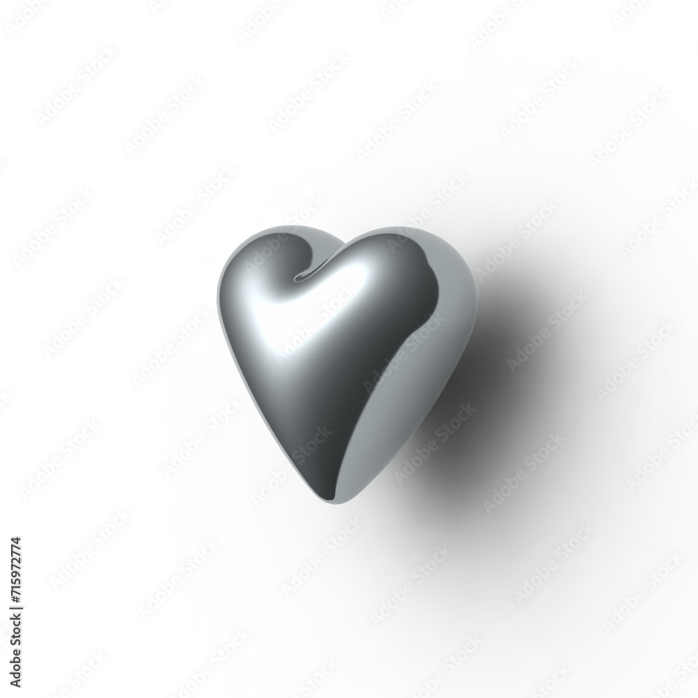 Fototapeta premium 3D glossy metal silver heart with shadow isolated on transparent background.