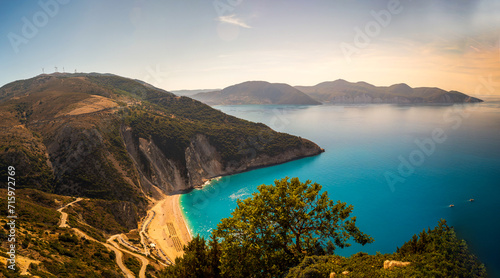 Top view Panoramic view of the famous Myrtos beach on Kefalonia island, Ionian sea, Greece. Myrtos beach with turquoise sea water on Cephalonia Greek island
