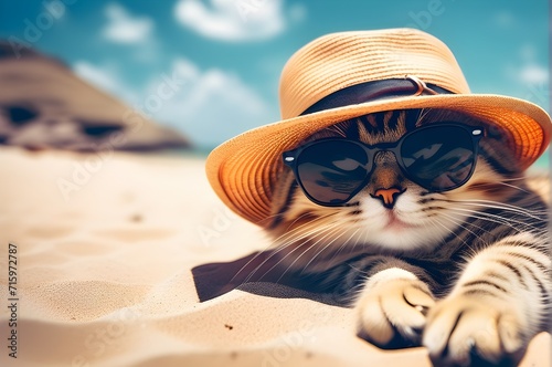 Chill vibes with a funny cat in a hat and sunglasses, lounging on sandy beach, soaking up the sun on a summer day. A purr-fect image of feline relaxation. © All in Stock
