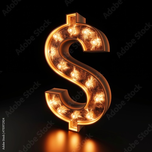 Direct Lighting Dollar Sign isolated on Black Background. Photorealistic Buck Sign on Black backdrop. Square Illustration. Ai Generated Finance and Currency 3D Symbol.