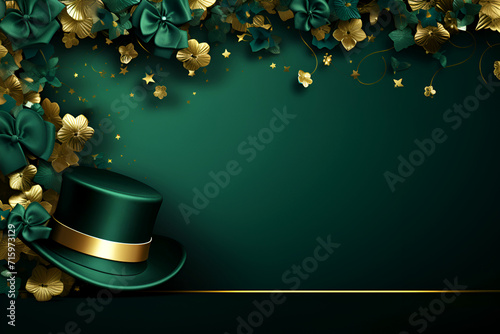 St. Patrick's Day concept illustration of a leprechaun hat with gifts, gift boxes and gold coins on a green background with copy space. photo