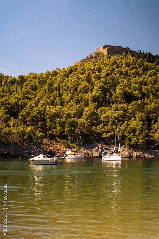 Couple of motor boats docked near Cephallenia island near Zakynthos island in Greece