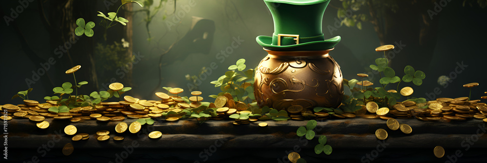 St. Patrick's Day card with leprechaun treasure and pot of gold coins, green hat and shamrock. Banner with empty space for text.