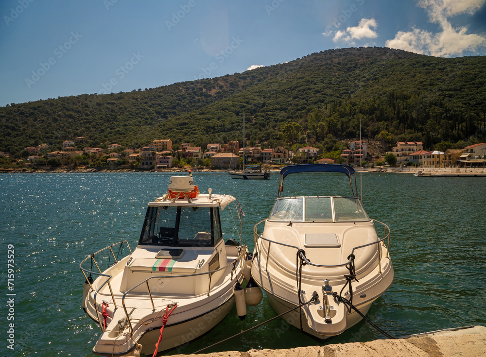 Two motor boats docked near Cephallenia island near Zakynthos island in Greece