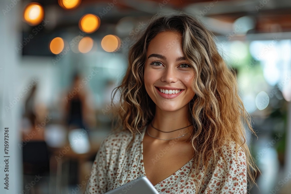 A radiant lady with long, layered brown hair and a captivating smile stands indoors, exuding warmth and joy through her human face and stylish clothing A radiant lady with long, layered brown hair and a captivating smile stands indoors, exuding warmth and joy through her human face and stylish clothing