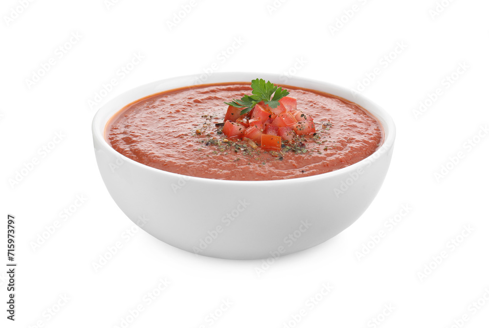 Delicious tomato cream soup with spices in bowl isolated on white Delicious tomato cream soup with spices in bowl isolated on white