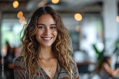 A radiant lady with long  layered brown hair beams a genuine smile at the camera  exuding warmth and joy while showcasing her stylish outdoor clothing