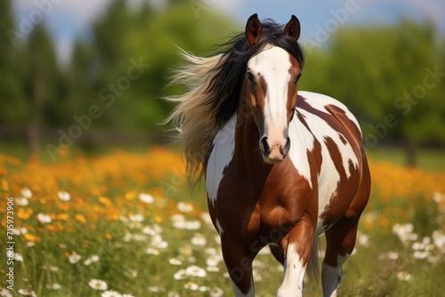 A majestic mustang horse stands gracefully amidst a sea of vibrant flowers  its liver brown coat and flowing mane a stark contrast to the peaceful green grass beneath its hooves