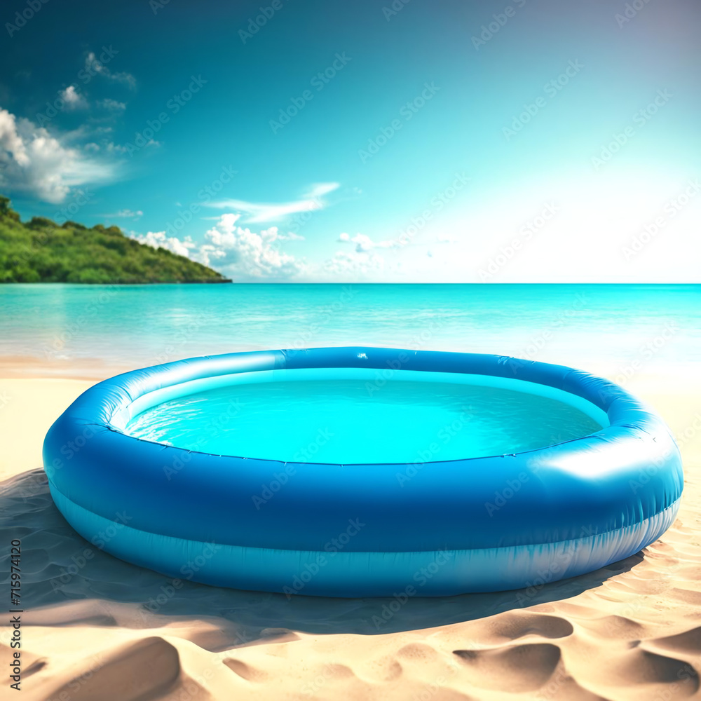 Inflatable pool with water on the shore of a beautiful beach.