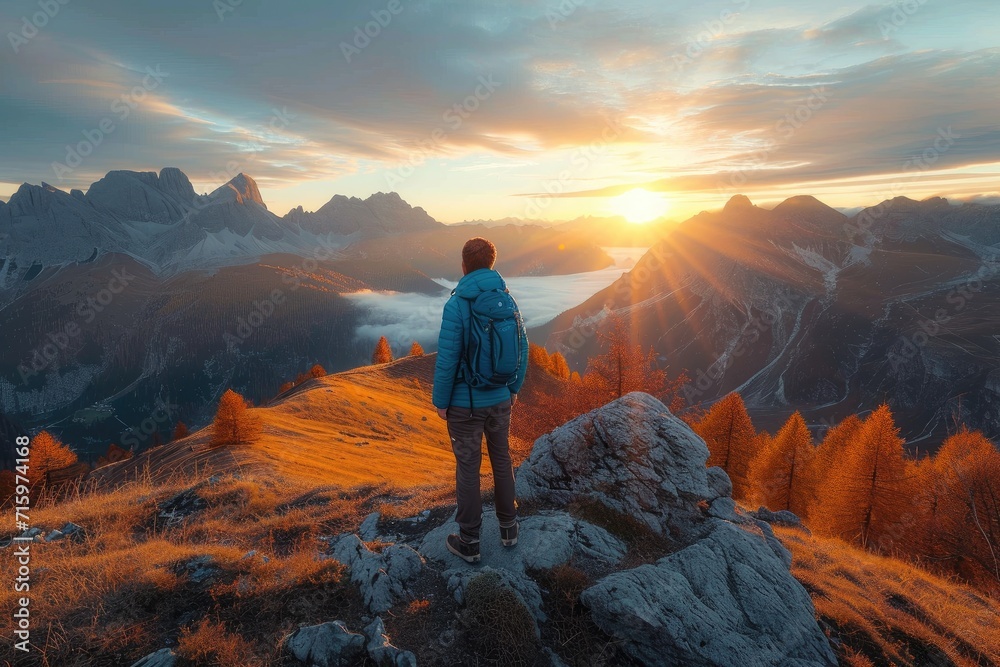 As the sun rises over the rugged autumn landscape, a solitary figure stands atop a rocky peak, surrounded by vast skies and endless wilderness