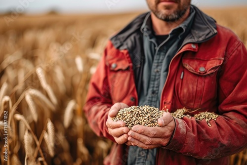 A rugged farmer stands proudly in his red jacket, holding a bountiful harvest of wheat, representing the hard work and bounty of agriculture photo