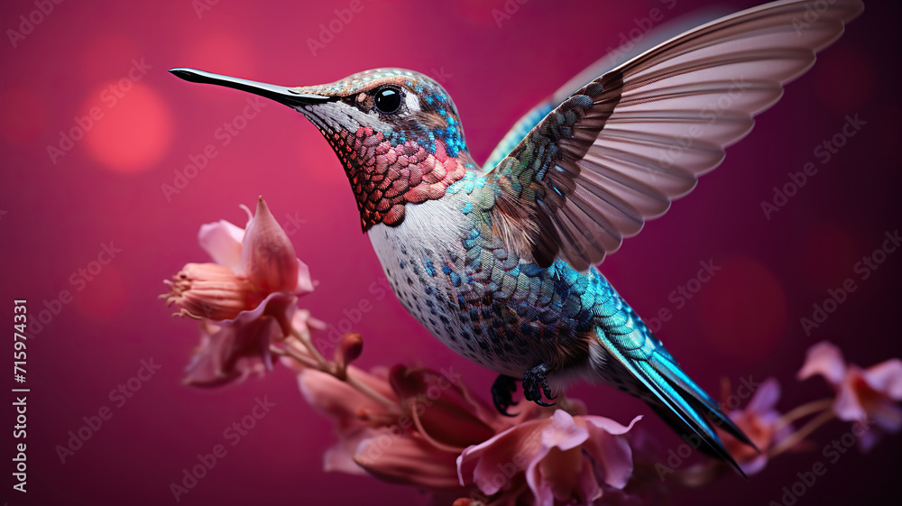 Fototapeta premium Hummingbird bird takes off on a pink background. Wild nature. Generated by artificial intelligence