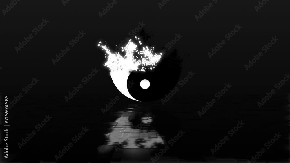 Symbol of taoism, tao symbol, Ying and Yang made of glowing particles disappear and dissolve on reflecting black floor and dark background. 