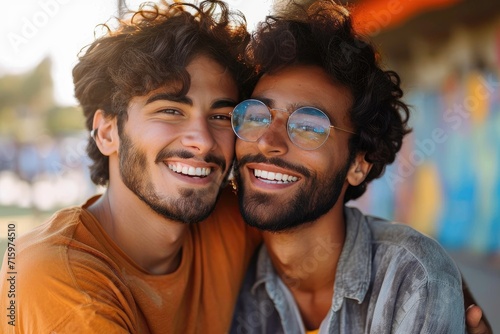 Two stylish men radiate joy and connection as they share a laugh, their beards and glasses adding to their charming outdoor date