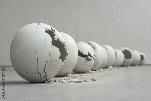 Shattered pieces and whole gypsum sphere in a row.