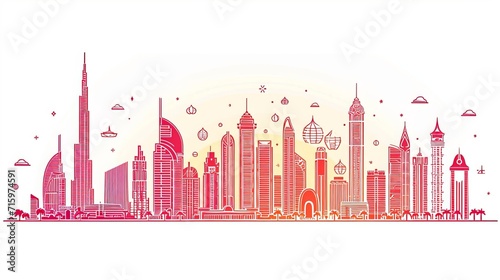 Dubai city skyline - towers and landmarks cityscape in liner style, vector 