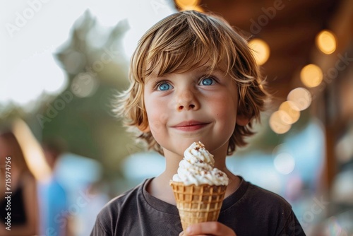 A delighted young boy savors the sweet taste of a frozen dairy treat  his innocent face beaming with joy as he holds tightly onto his ice cream cone