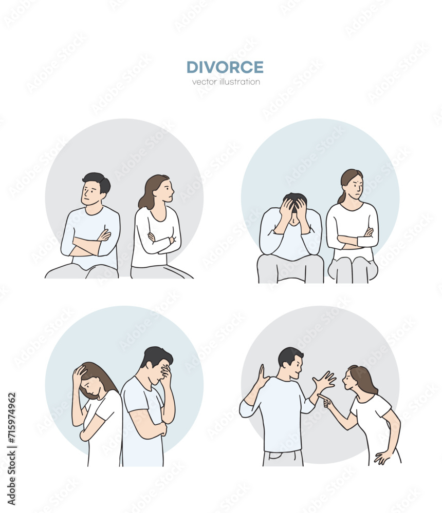 Man and woman considering divorce. Arguing couples and couples. Tired couples from marital quarrels. Hand-drawn vector illustrations. Man and woman considering divorce. Arguing couples and couples. Tired couples from marital quarrels. Hand-drawn vector illustrations.