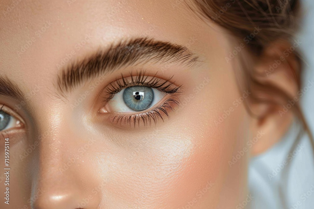 Fototapeta premium A mesmerizing closeup of a woman's face, showcasing her beautiful eyes adorned with long eyelashes and carefully applied eye shadow, capturing the delicate balance of human beauty and toiletry