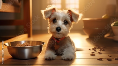 Cute little dog in the house sitting by a bowl full of dogfood. Pets indoors. AI Generated  photo