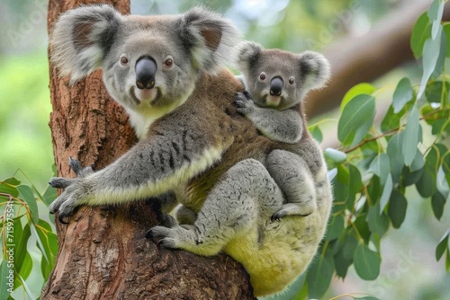 A protective mother koala cradles her adorable baby in the safety of their leafy tree home  showcasing the beauty of nature and the bond between mother and child