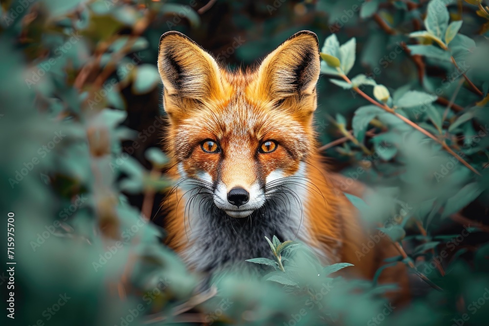 Fototapeta premium Amidst the lush green grass, a curious red fox peers out from the bushes, surrounded by its fellow swift, dhole, and grey foxes, as well as the larger coyote and canis species, all blending seamlessl