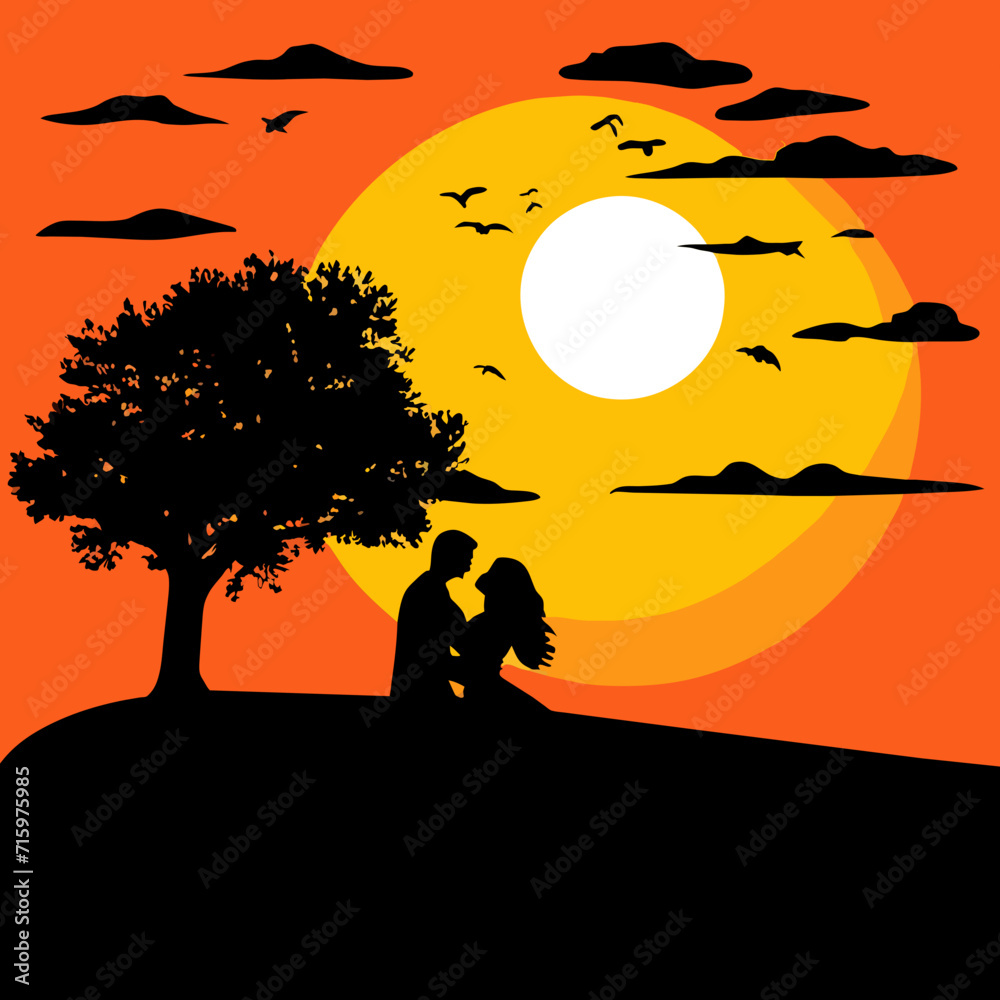 silhouette of a couple kissing on a tree