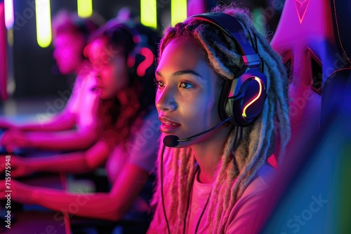 A stylish woman in magenta clothing listens intently through her headphones and headset, her face reflecting determination and focus